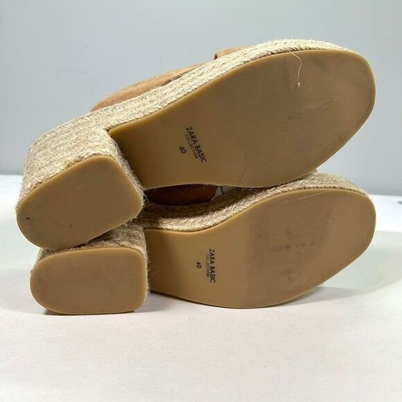 Zara Basic Suede Block Heel Open Toe Espadrille Sandals Womens 40 (US 10) Tan - Picture 5 of 8